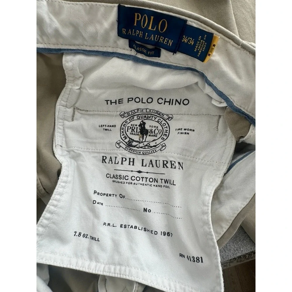 Polo Ralph Lauren Mens Classic Fit Chino Pants Khaki Tan Cotton Twill 34x34